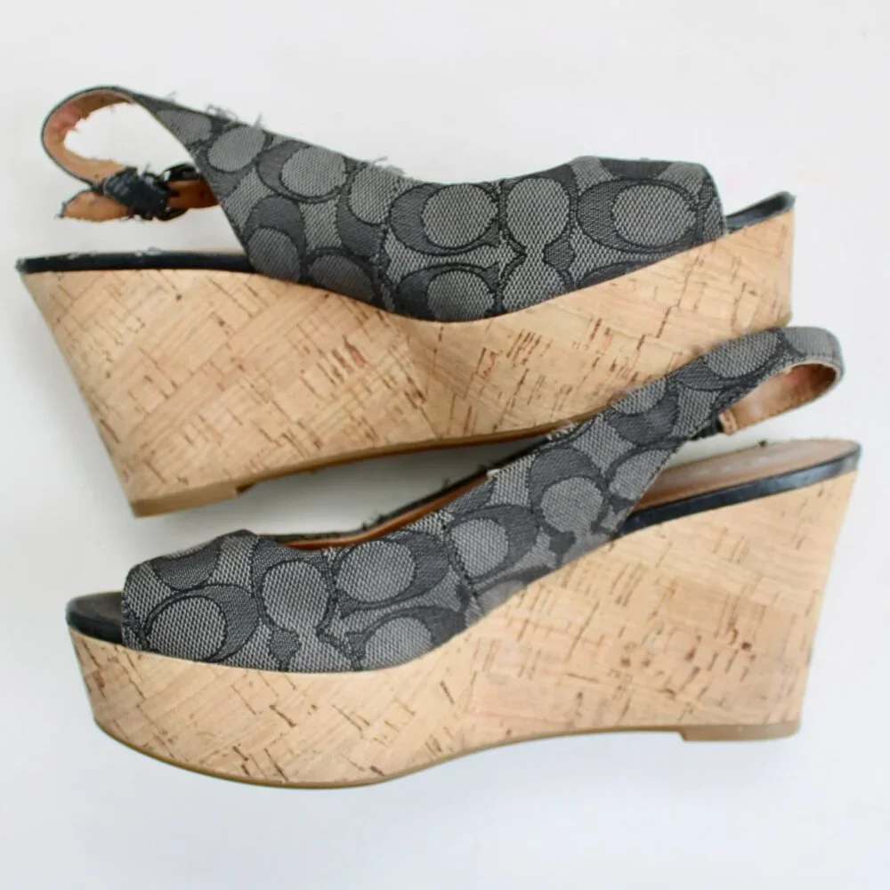 Coach Ferry Grey Logo Jacquard Tan Cork Wedge Slingback Sandal Heels Size 6.5 - Picture 5 of 8